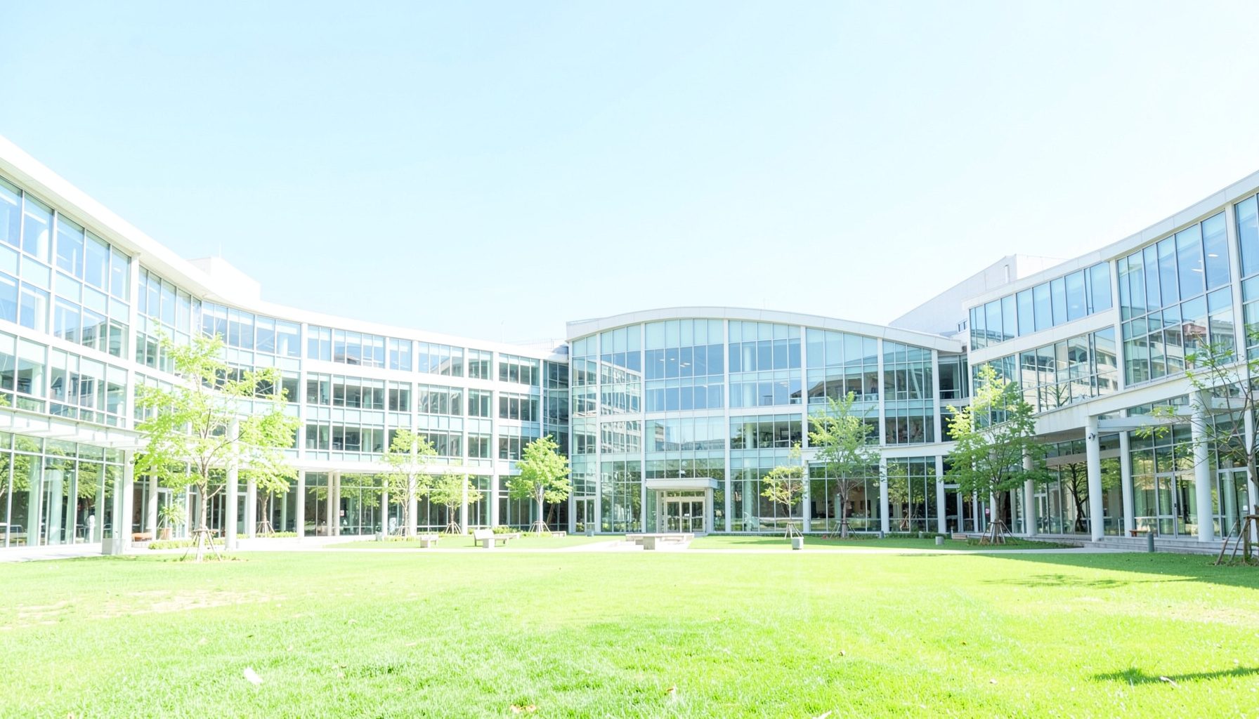 Bright, airy photograph of a modern university campus courtyard with green lawns and glass-walled buildings under a clear blue sky